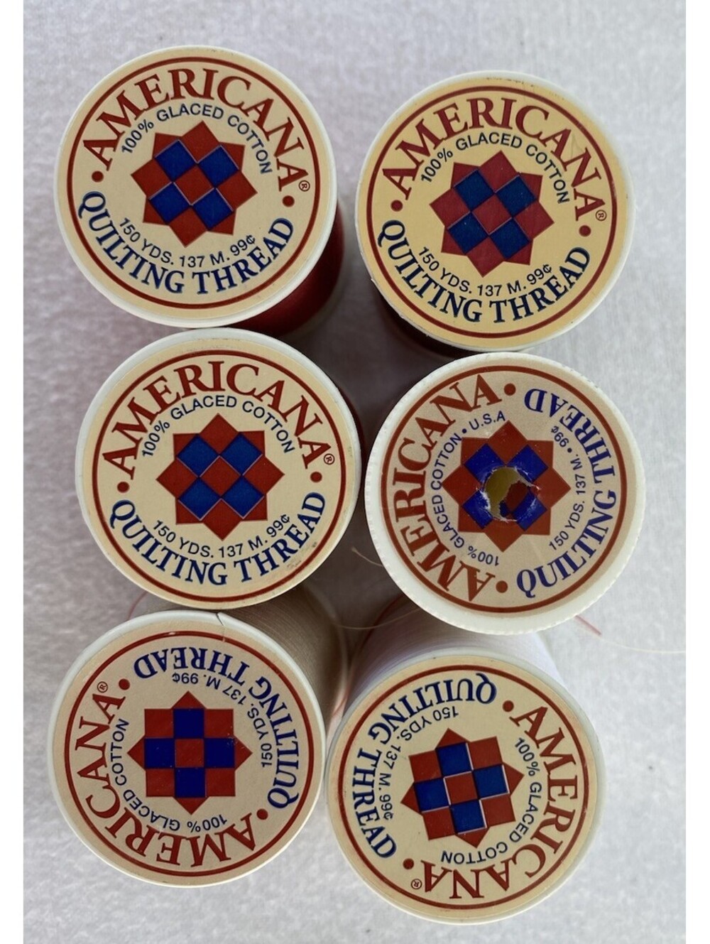 Americana Quilting Thread Lot of 6 Spools 100% Glacéd Cotton Red, White, Tan